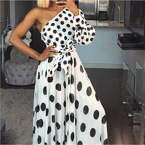 

Women's Maxi Swing Dress - Long Sleeve Polka Dot One Shoulder Elegant Slim White S M L XL