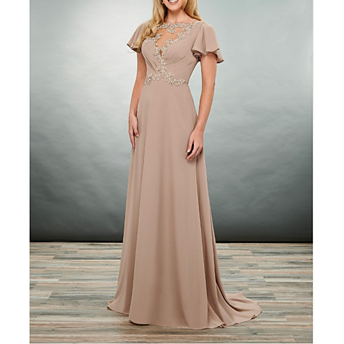 

A-Line Mother of the Bride Dress Elegant Jewel Neck Floor Length Polyester Short Sleeve with Appliques Ruching 2021
