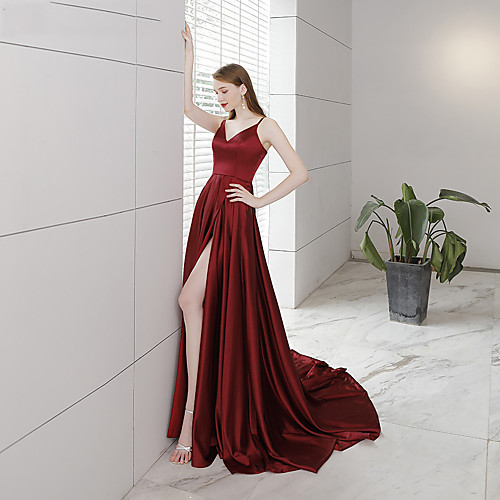 

A-Line Sexy Engagement Formal Evening Dress V Neck Sleeveless Chapel Train Charmeuse with Pleats Split 2021