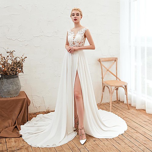 

A-Line Wedding Dresses Jewel Neck Court Train Chiffon Cap Sleeve Casual Boho with 2021