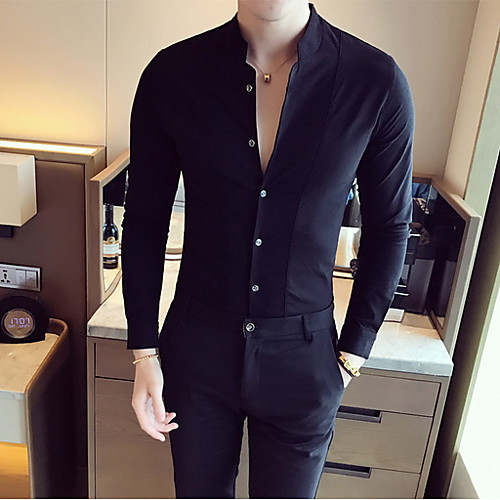 

Men's Solid Colored Shirt Daily Standing Collar White / Black / Long Sleeve