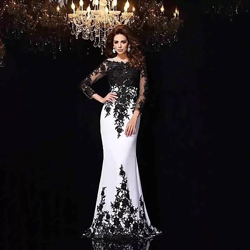 

Mermaid / Trumpet Wedding Dresses Bateau Neck Sweep / Brush Train Lace Tulle Lace Over Satin Long Sleeve Sexy Black Illusion Sleeve with Appliques 2021