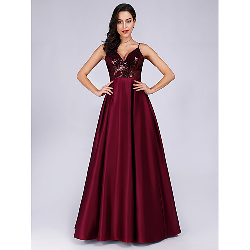 

Women's Swing Dress Maxi long Dress Red Sleeveless Solid Color Sequins Fall Spring V Neck Hot Elegant Formal 2021 S M L XL XXL 3XL 4XL