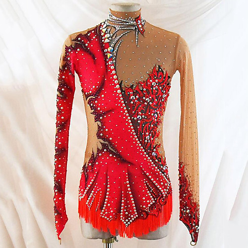 

21Grams Rhythmic Gymnastics Leotards Artistic Gymnastics Leotards Women's Girls' Leotard Red Spandex High Elasticity Handmade Jeweled Diamond Look Long Sleeve Competition Dance Rhythmic Gymnastics