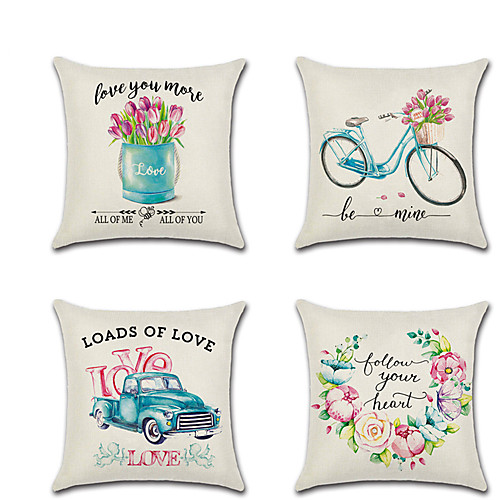 

Set of 4 Linen Pillow Cover Lovers Wedding Flower Valentine's Day Throw Pillow 4545 cm