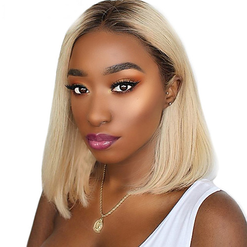 

Remy Human Hair Lace Front Wig Bob style Brazilian Hair Straight Blonde Wig 150% Density Thick Ombre Hair Natural Hairline With Bleached Knots Women's Short Human Hair Lace Wig WoWEbony