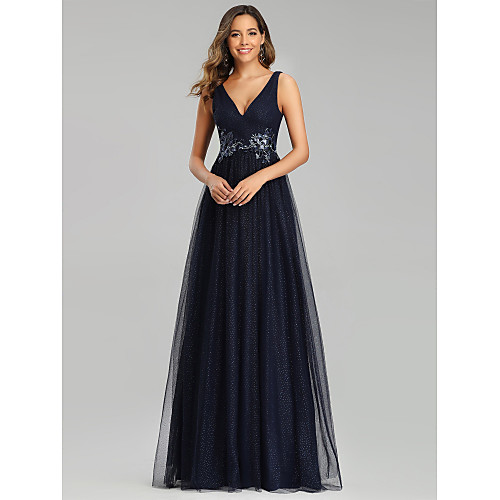 

A-Line Empire Prom Formal Evening Dress V Neck Sleeveless Floor Length Tulle with Sequin Appliques 2021