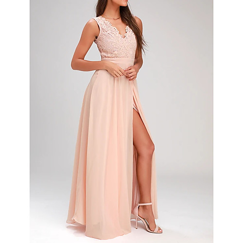 

A-Line Empire Wedding Guest Prom Dress V Neck Sleeveless Floor Length Polyester with Pleats Split Appliques 2021