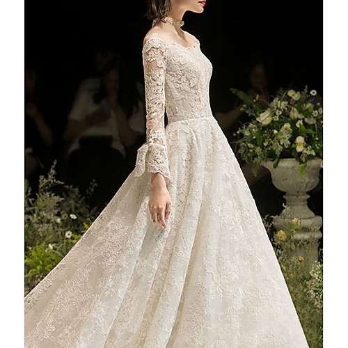 

Ball Gown Wedding Dresses Off Shoulder Watteau Train Lace Satin Tulle Long Sleeve Formal Plus Size with Pearls Lace Insert 2021