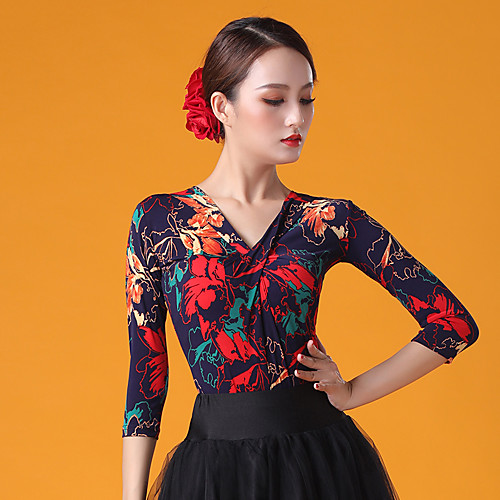 

Ballroom Dance Top Pattern / Print Ruching Women's Performance 3/4 Length Sleeve Ice Silk