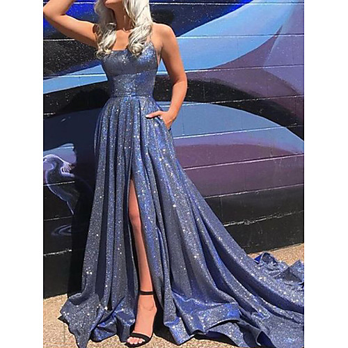 

A-Line Beautiful Back Sparkle Prom Formal Evening Dress Scoop Neck Sleeveless Court Train Polyester with Split 2021
