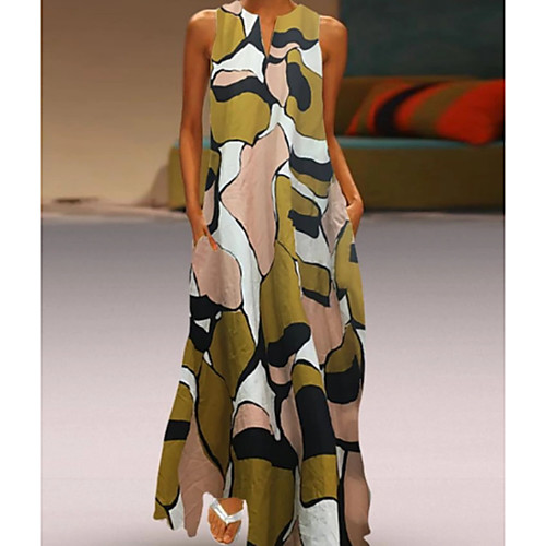 

Women's Loose Maxi long Dress - Sleeveless Geometric Loose Red Green S M L XL XXL XXXL
