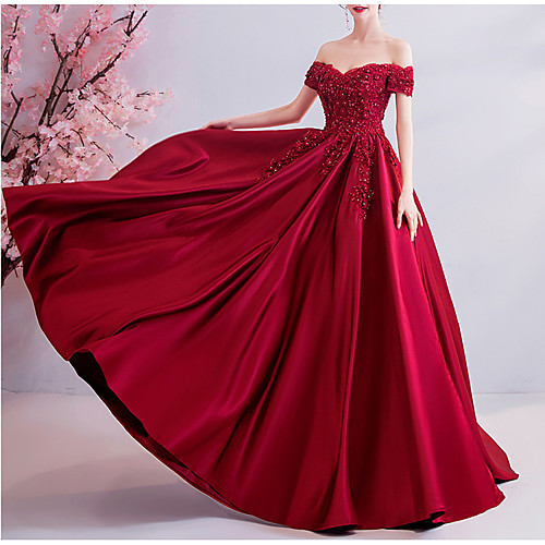 

A-Line Sexy Engagement Formal Evening Dress Off Shoulder Short Sleeve Sweep / Brush Train Lace Satin with Pleats Beading 2021