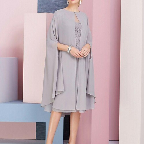 

Sheath / Column Mother of the Bride Dress Elegant Jewel Neck Knee Length Chiffon 3/4 Length Sleeve with Appliques 2021