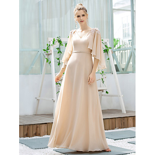 

A-Line V Neck Floor Length Chiffon Bridesmaid Dress with Appliques