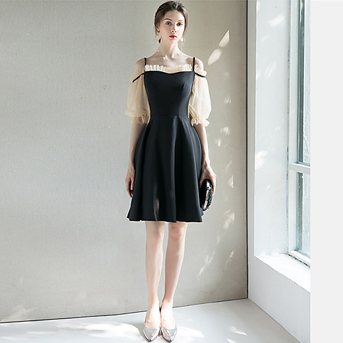 

A-Line Little Black Dress Wedding Guest Cocktail Party Dress Spaghetti Strap Half Sleeve Short / Mini Spandex with Pleats 2021