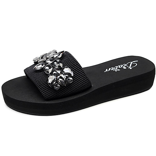 

Women's Slippers & Flip-Flops Flat Heel Open Toe Rhinestone Polyester Classic / Casual Walking Shoes Summer Black / White