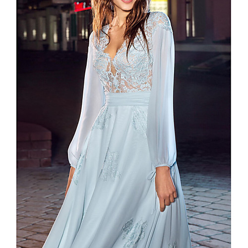 

A-Line Empire Party Wear Formal Evening Dress V Neck Long Sleeve Floor Length Chiffon with Lace Insert Appliques 2021