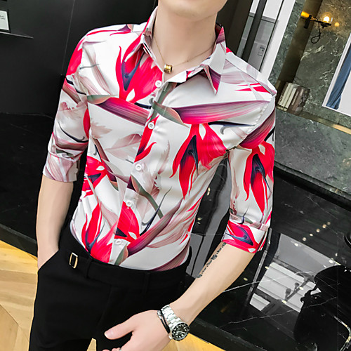 

Men's Floral Tropical Leaf Print Shirt Tropical Going out Club Classic Collar White