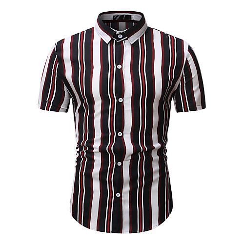 

Men's Striped Color Block Tropical Leaf Print Shirt Basic Tropical Party Work Classic Collar White / Black / Short Sleeve