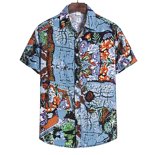 

Men's Geometric Tropical Leaf Print Shirt Hawaiian Going out Blue / Red / Yellow / Short Sleeve