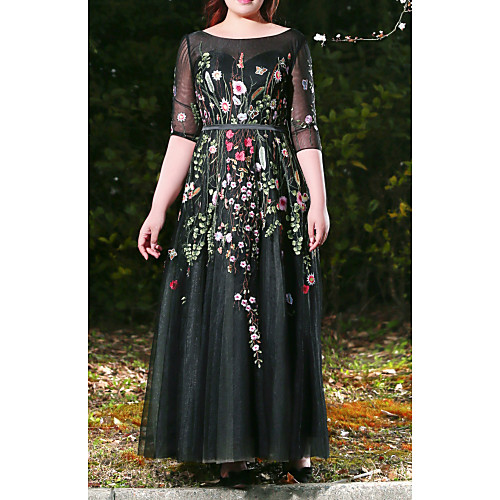 

A-Line Plus Size Prom Formal Evening Dress Jewel Neck Half Sleeve Floor Length Lace Satin Tulle with Appliques 2021