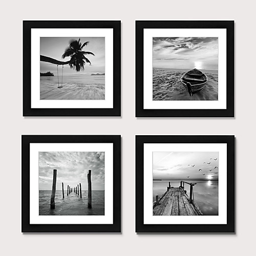 

Framed Art Print Framed Set 4 - Black And Hite Beach Scenery PS Illustration Wall Art