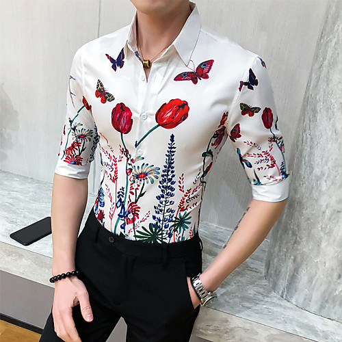 

Men's Floral Tropical Leaf Print Shirt Tropical Going out Club Classic Collar White / Black