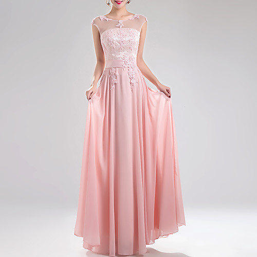 

A-Line Elegant Prom Formal Evening Dress Jewel Neck Sleeveless Floor Length Chiffon with Appliques 2021