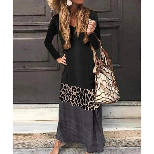 

Women's A Line Dress Maxi long Dress Black Green Gray Long Sleeve Color Block Patchwork V Neck Hot S M L XL XXL 3XL 4XL 5XL / Plus Size