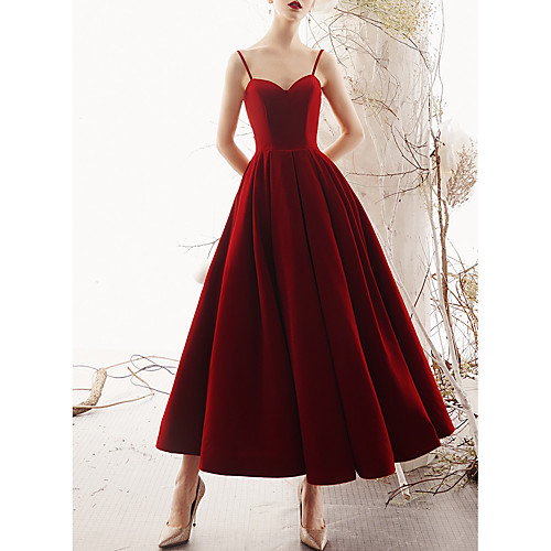 

A-Line Elegant Wedding Guest Cocktail Party Valentine's Day Dress Sweetheart Neckline Sleeveless Ankle Length Satin Velvet with Pleats 2021