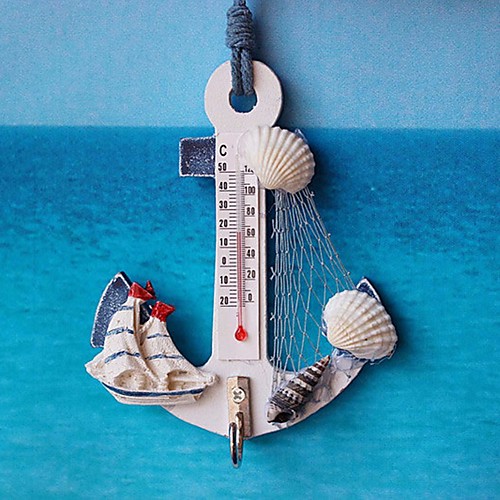 

Thermometer Anchor Shape Wall Hook Wood Nautical Conch Home Hanging Crafts Art Wall Hanger Hook Decorations Mediterranean Style