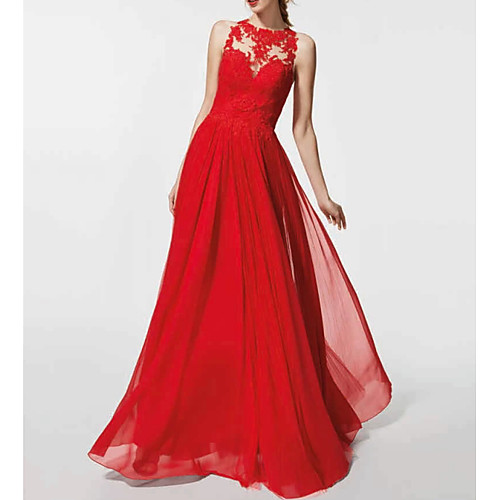 

A-Line Elegant Wedding Guest Prom Dress Jewel Neck Sleeveless Floor Length Chiffon with Pleats Appliques 2021