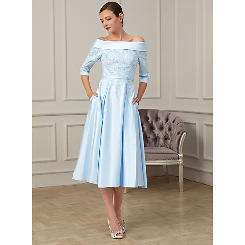 

A-Line Mother of the Bride Dress Elegant Off Shoulder Tea Length Charmeuse 3/4 Length Sleeve with Pleats Ruching 2021