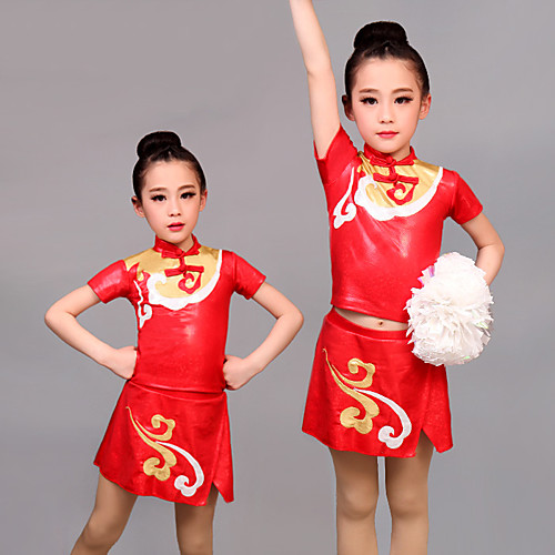 

Cheerleader Costume Uniform Women's Girls' Kids Skirt Spandex High Elasticity Handmade Long Sleeve Competition Dance Rhythmic Gymnastics Gymnastics Red