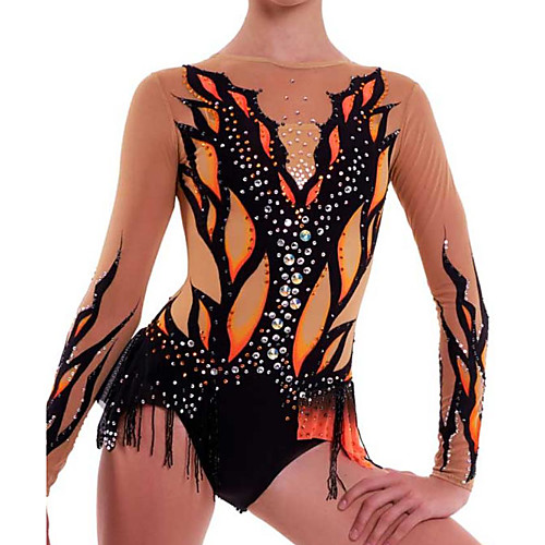 

21Grams Rhythmic Gymnastics Leotards Artistic Gymnastics Leotards Women's Girls' Leotard Black Spandex High Elasticity Breathable Handmade Jeweled Diamond Look Long Sleeve Training Dance Rhythmic