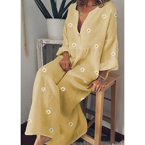 

Women's A Line Dress Maxi long Dress Yellow Green Light Blue Long Sleeve Floral Floral Spring Summer V Neck Cotton M L XL XXL 3XL 4XL 5XL