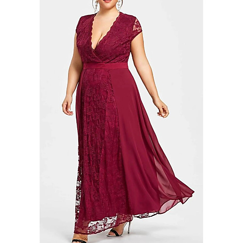 

A-Line Mother of the Bride Dress Plus Size Elegant V Neck Ankle Length Chiffon Lace Short Sleeve with Ruching 2021