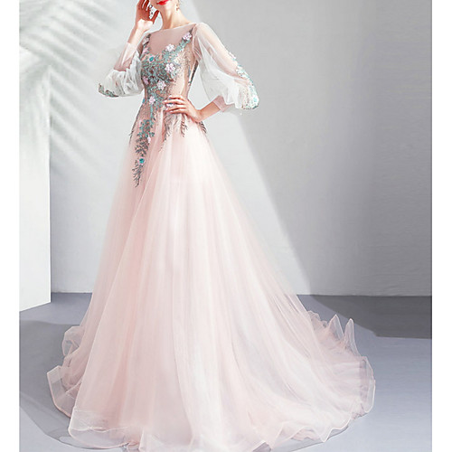 

A-Line Jewel Neck Floor Length Lace / Tulle Bridesmaid Dress with Appliques / Lace