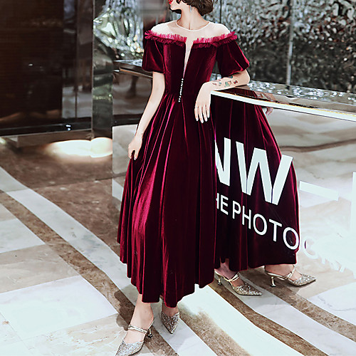 

A-Line Hot Engagement Prom Dress Jewel Neck Short Sleeve Ankle Length Velvet with Beading 2021
