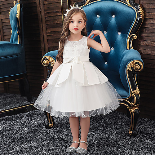 

A-Line Knee Length Wedding / Party Communion Dresses - Tulle / Matte Satin / Poly&Cotton Blend Sleeveless Jewel Neck with Lace / Bow(s) / Beading