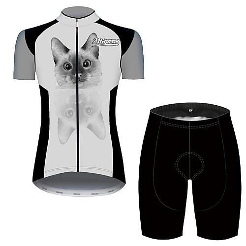 

21Grams Women's Short Sleeve Cycling Jersey with Shorts Spandex Polyester GrayWhite Cat Animal Bike Clothing Suit Breathable 3D Pad Quick Dry Ultraviolet Resistant Sweat-wicking Sports Cat Mountain
