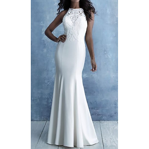 

Mermaid / Trumpet Wedding Dresses Halter Neck Court Train Lace Satin Cap Sleeve Country with Embroidery 2021