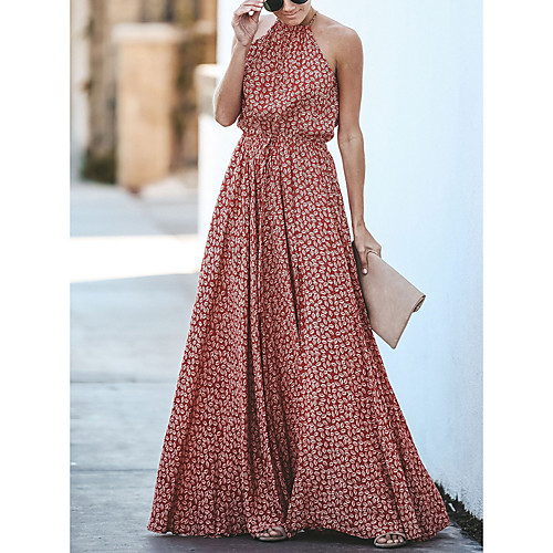 

Women's A-Line Dress Maxi long Dress - Sleeveless Floral Spring Summer Halter Neck Boho Maxi Dress Vacation Beach Red S M L XL