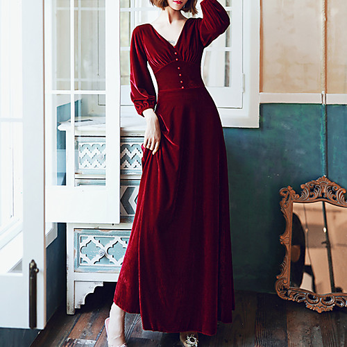 

A-Line Minimalist Prom Formal Evening Valentine's Day Dress V Neck 3/4 Length Sleeve Floor Length Velvet with Buttons 2021