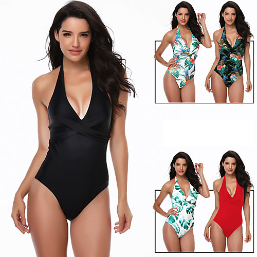 

Women's Halter Front Cross One Piece Swimsuit Solid Color Swimwear Swimwear Light Green Black Green Quick Dry High Elasticity Swimming Surfing Beach Spring Summer / Leotard / Onesie / Bikini