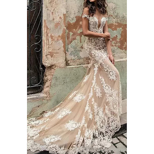 

Mermaid / Trumpet Wedding Dresses Plunging Neck Court Train Polyester Cap Sleeve Country Plus Size with Lace Insert Appliques 2021