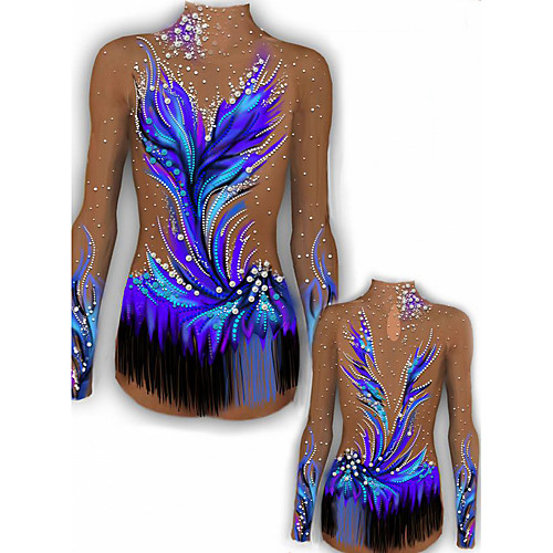 

21Grams Rhythmic Gymnastics Leotards Artistic Gymnastics Leotards Women's Girls' Leotard Blue Spandex High Elasticity Breathable Handmade Jeweled Diamond Look Long Sleeve Training Dance Rhythmic