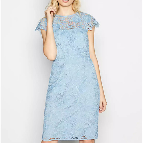 

Sheath / Column Hot Holiday Cocktail Party Dress Jewel Neck Short Sleeve Knee Length Lace with Pleats 2021