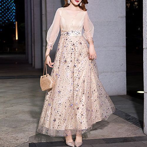 

A-Line Glittering Elegant Prom Formal Evening Dress V Neck 3/4 Length Sleeve Floor Length Tulle with Sequin 2021
